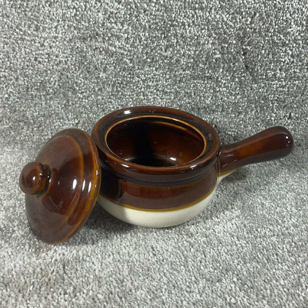 French Onion Soup Bowl Brown Cream Two-Tone Stoneware with Lid Vintage‎